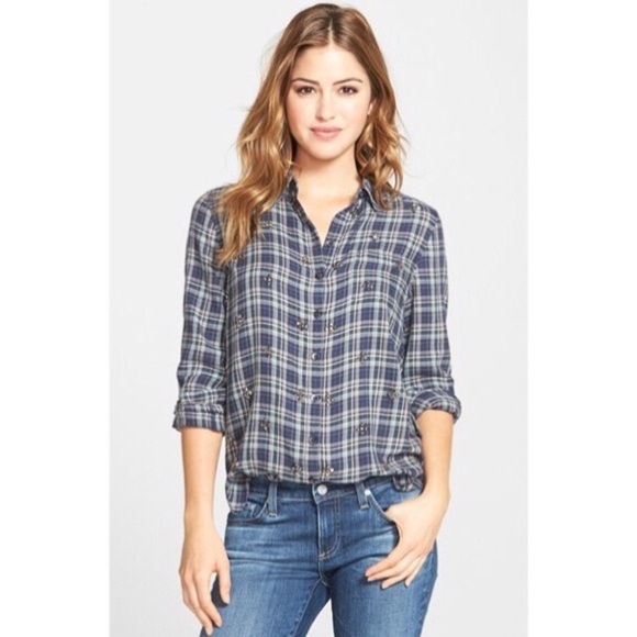 Halogen Embellished Plaid Shirt in Blue LP - Picture 1 of 8
